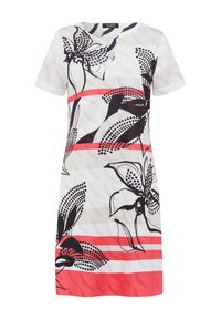Korte mouwen jurk in het wit met zwarte bloemenpatronen, rode horizontale strepen en een licht V-vormige halslijn. Gemaakt van lichtgewicht materiaal.