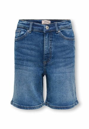 Shorts de mezclilla azul con botón frontal, trabillas para cinturón y bolsillos, ligeramente descoloridos con un dobladillo recto.