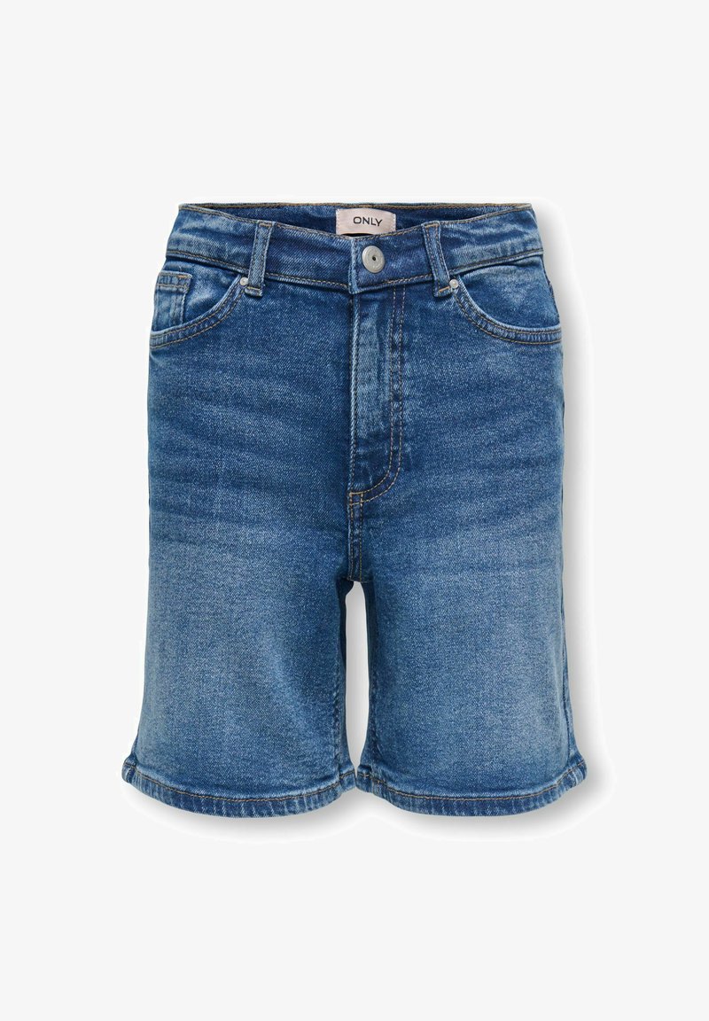 Blå denimshorts med frontknap, bæltestropper og lommer, let falmede med en lige kant.