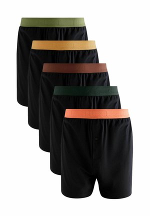 Schwarze Baumwollboxershorts mit elastischem Bund in Grün, Orange, Braun, Gelb und Dunkelgrün. Einfaches, klassisches Design mit Knopfdetail.
