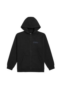Haut à capuche zippé noir avec une poche avant, capuche et logo bleu. Fabriqué dans un matériau doux, avec des poignets et un ourlet côtelés, design simple.