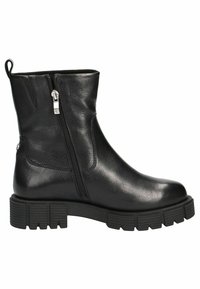 Botín negro de cuero hasta el tobillo con cremallera lateral, suela gruesa y texturizada, puntera redondeada y mínimos acentos de hardware. Acabado suave con un ligero brillo.