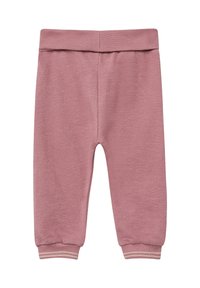 Roze joggingsbroek gemaakt van textuurstof, met een brede tailleband en taps toelopende manchetten met gestreepte accenten aan de zoom.