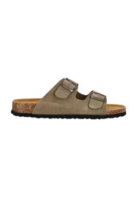Tvåspärra slip-on sandal med överdel i brun mocka, korkfotbädd och svart gummisula. Utrustad med justerbar metallhardware.