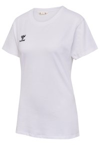 Hvid bomulds t-shirt med rund halsudskæring, korte ærmer og et sort "Hummel" logo på venstre bryst. Glat tekstur, normal pasform.