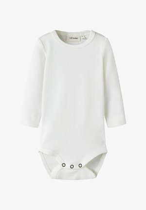 Witte langärmelig body van zachte stof, met een ronde halslijn en drukknoopsluiting aan de onderkant met zwarte accenten.