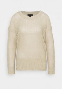 Beige gestrickter Pullover mit lockerer Passform, weitem Rundhalsausschnitt und langen Ärmeln. Der strukturierte Stoff weist eine lockere Webart und einen gerippten Saum auf.
