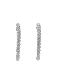 Orecchini a cerchio attorcigliati in argento con una superficie liscia, caratterizzati da un design a spirale e una forma circolare. Struttura leggera e flessibile.