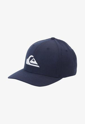 Gorra de béisbol azul marino con visera curva y logotipo bordado en blanco de ola y montaña en el panel frontal.