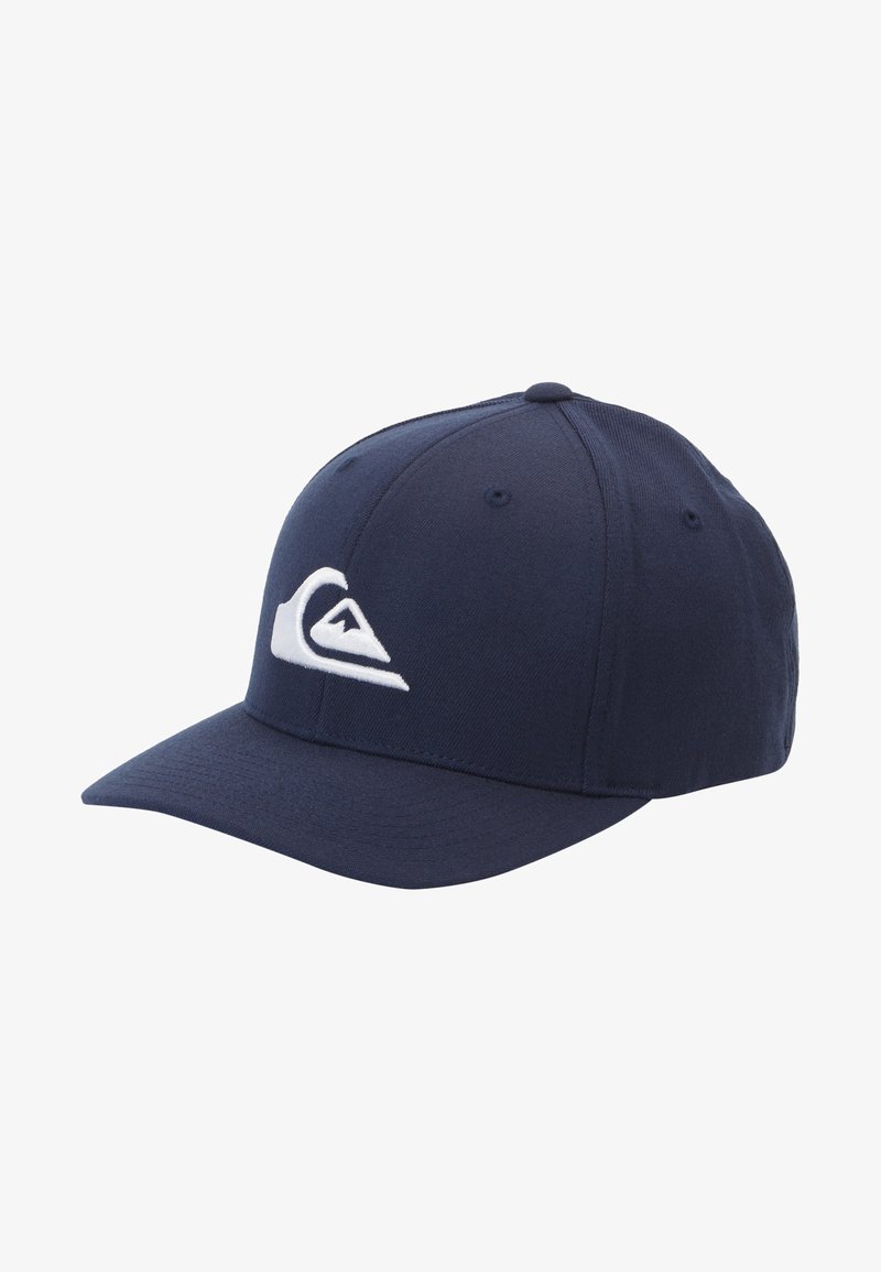 Casquette de baseball bleu marine avec une visière courbée et un logo brodé blanc représentant une vague et une montagne sur le panneau avant.