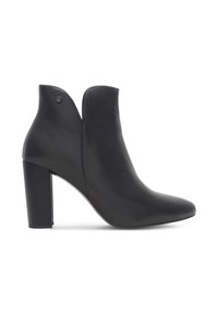 Čierna kožená členková topánka s špicatou špičkou, vysokým blokovým opätkom a výrezom na vrchu. Jemné logo na boku. Hladká štruktúra.
