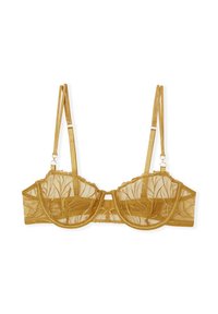 Sujetador con aros de encaje en amarillo dorado con patrones florales, tirantes ajustables, bordes ondulados y cierre central de gancho.