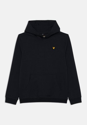 Zwarte hoodie met een voorkantzak, voorzien van een gele geborduurde logo op de linkerkant van de borst. Gemaakt van zachte, gestructureerde stof, met een capuchon met trekkoord.