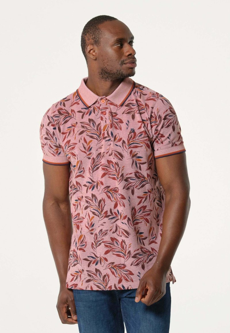 Korte mouw polo shirt in roze met een bladpatroon, met een contrasterende kraag en manchetten, gemaakt van ademend materiaal.