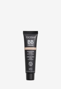 Tubo nero con finitura opaca, etichetta anteriore che riporta "GOSH BB CREAM", sezione centrale beige, tappo nero, dimensione 30 ml, SPF 15, simbolo di certificazione per allergie.