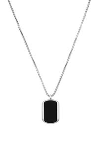 Zwarte rechthoekige hanger ketting met een glad oppervlak, omrand met zilver. Beschikt over een verbonden zilveren ketting.