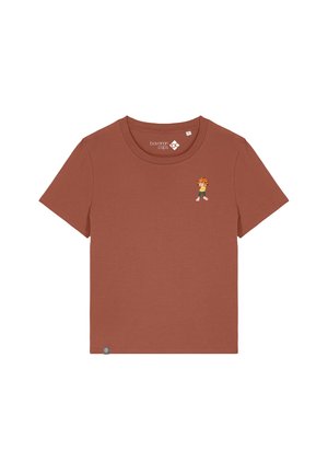 Rust-colored short-sleeve t-shirt with a small cartoon character embroidered on the left chest and a brand label near the hem.