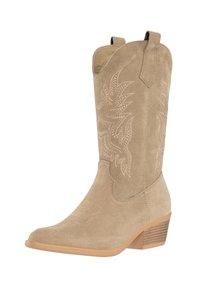 Botas de vaquero de ante en beige claro con diseño floral bordado, punta puntiaguda, parte trasera elevada y tacón apilado. Con pestañas laterales para facilitar su puesta.