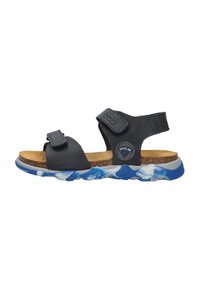 Zwarte leren sandalen met verstelbare banden, kurken binnenzool en een blauw-wit gemarmerd zoolontwerp. Voorzien van een ronde logo-accent.