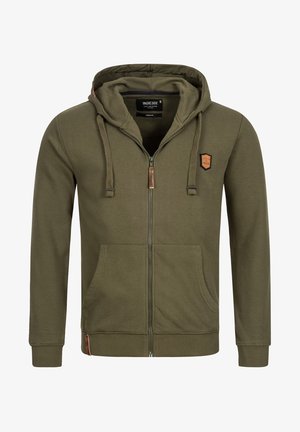 Olivgrüner Reißverschluss-Hoodie mit Kordelzugkapuze, Fronttaschen und einem braunen Lederlogo-Patch auf der Brust. Material aus Baumwollmischung, gerippte Bündchen.