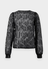 Must mustrilistega must pluus pikkade käistega, läbipaistvast kangast, ümar kaelus, vertikaalsete sequins mustritega tekstureeritud, elastsed mansetid ja sirge äär.