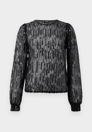 Top noir à sequins avec manches longues, tissu transparent, encolure ronde, texturé avec des motifs de sequins verticaux, poignets élastiques et ourlet droit.