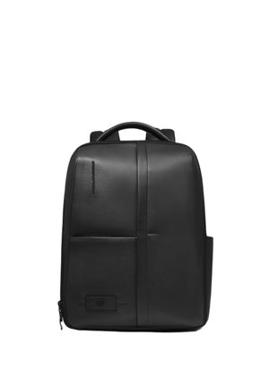 Black leather backpack with top handle, front zip pocket, sleek vertical seam, and subtle brand logo on the upper left side.