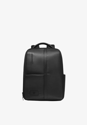 Black leather backpack with top handle, front zip pocket, sleek vertical seam, and subtle brand logo on the upper left side.