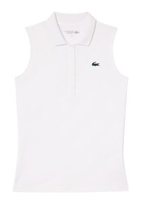 Polo shirt bianco senza maniche in cotone, con una piastrella a tre bottoni e un piccolo logo del coccodrillo verde Lacoste sul petto.