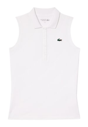 Polo shirt bianco senza maniche in cotone, con una piastrella a tre bottoni e un piccolo logo del coccodrillo verde Lacoste sul petto.