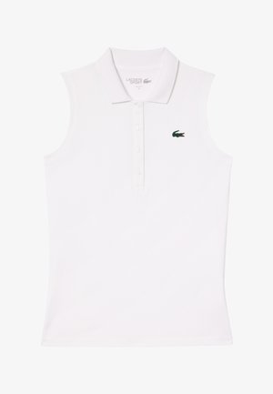 Polo shirt bianco senza maniche in cotone, con una piastrella a tre bottoni e un piccolo logo del coccodrillo verde Lacoste sul petto.