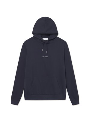 Navy blue hooded sweatshirt made from cotton. Features a front kangaroo pocket, drawstring hood, and small text logo on the chest.