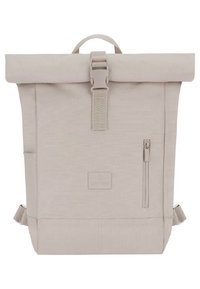 Világos bézs, texturált anyagból készült feltekerős hátizsák; elől cipzáras zsebbel, állítható vállpántokkal és felső fogantyúval.