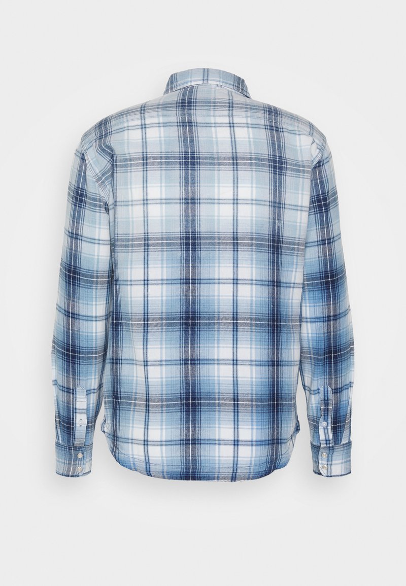 Blaue und weiße karierte Hemd mit einem klassischen Kragen und langen Ärmeln. Verfügt über Knopfmanschetten und ein karierter Muster in verschiedenen Farbtönen.