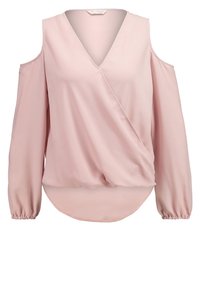 Blusa rosa chiaro con spalle scoperte, scollatura a V, design avvolgente, maniche lunghe e polsi elasticizzati, realizzata in tessuto morbido e setoso.