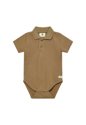 Brązowe bawełniane body z kołnierzykiem polo, krótkimi rękawami, plisą na trzy guziki oraz zatrzaskiem na dole. Etykieta marki po boku.