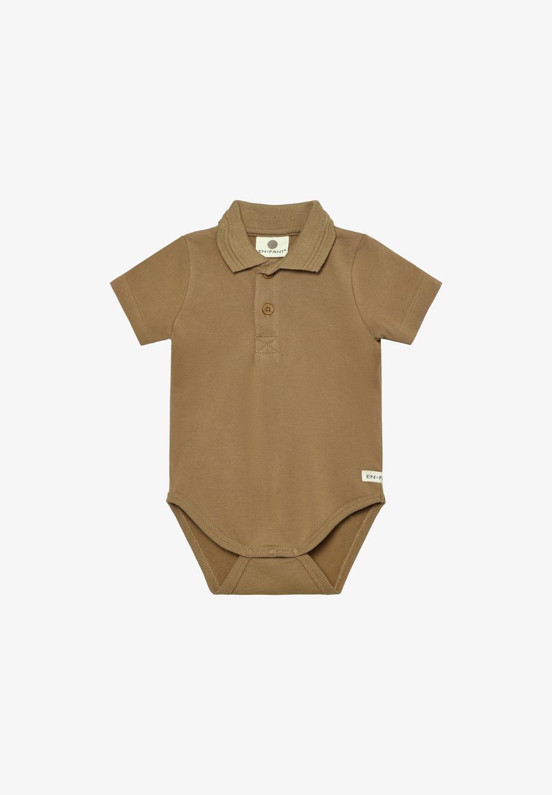 Brązowe bawełniane body z kołnierzykiem polo, krótkimi rękawami, plisą na trzy guziki oraz zatrzaskiem na dole. Etykieta marki po boku.