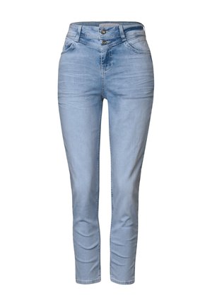 Vaaleansiniset farkut, joissa on keskikorkea vyötärö, kaksi etutaskua ja nappisulku. Ominaisuuksiin kuuluu kapea leikkaus ja pieni haalistu.