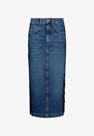 Denim rok met een rechte silhouet, donkerblauwe kleur, voorzakken en zwarte kanten zijpanelen voor contrast. Middellange ontwerp.