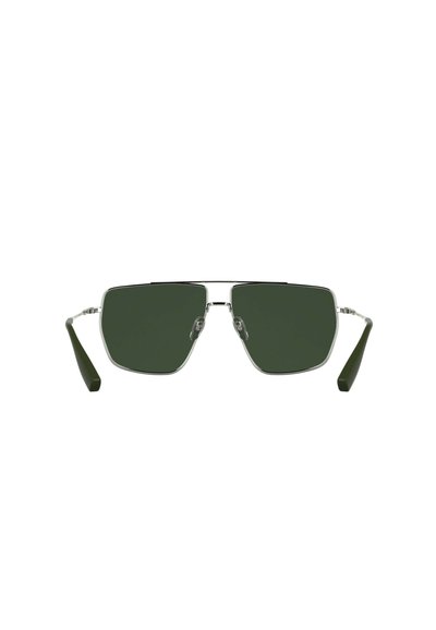 Lunettes de soleil à monture métallique argentée avec verres rectangulaires vert foncé et embouts de branches noirs, vues de face sur fond blanc.