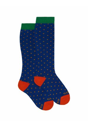 Calze alte fino al ginocchio con una base blu e pois dorati, con polsini a coste verdi e accenti arancioni sui talloni e sulle punte.
