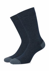 Skarpetki w kolorze granatowym wykonane z mieszanki bawełny, z ściągaczami ribbed, wzmocnionym szarym palcem i piętą oraz gładką strukturą na całej powierzchni.