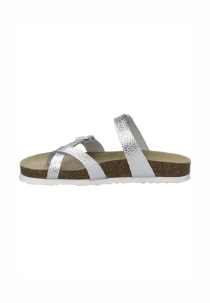 Silver leather sandals with cross-straps, cork footbed, and white sole. Textured upper and adjustable strap for secure fit.