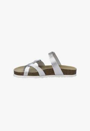Silver leather sandals with cross-straps, cork footbed, and white sole. Textured upper and adjustable strap for secure fit.