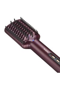 Brosse lissante pour cheveux violet avec une tête rectangulaire, des poils en silicone et des boutons de contrôle dotés de lumières indicatrices.