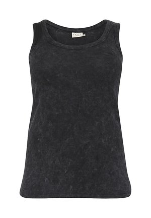 Fekete ujjatlan trikó bordás textúrával. Lekerekített nyakkivágása és laza szabása van, enyhén megkopott, viselt megjelenéssel.