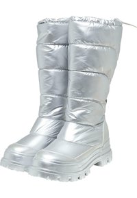 Silver puffer-style boots with a shiny, reflective exterior. Features a thick, padded shaft and textured rubber sole with treads for grip.
