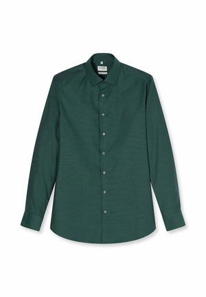 Dunkelgrünes, langärmliges Hemd mit Knopfleiste, klassischem Kragen und geschwungenem Saum, flach liegend auf weißem Hintergrund dargestellt.