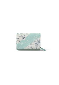 Portafoglio in materiale texturizzato di colore blu chiaro e bianco, con un motivo di uccelli e paesaggi stilizzati, chiusura con zip, forma rettangolare compatta.
