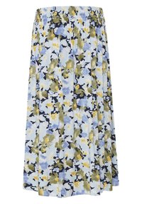 Blommig kjol i ljusblått med gröna, gula och marinblå mönster. Har en elastisk midja och veckad design för en avslappnad passform.